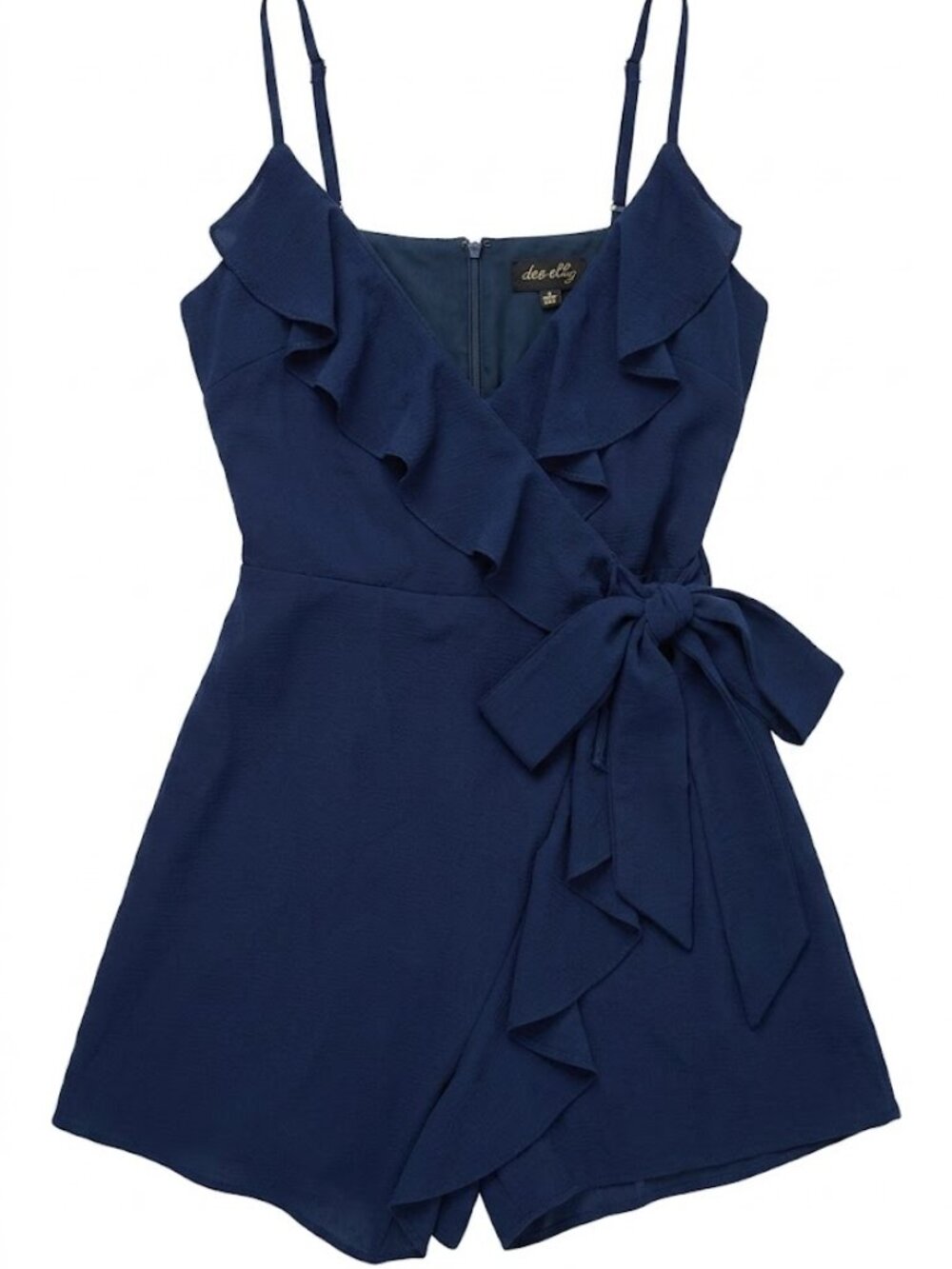 Dee Elly Navy Blue Ruffle Romper S NWT Coquette Wrap Flirty Wedding Guest Summer
